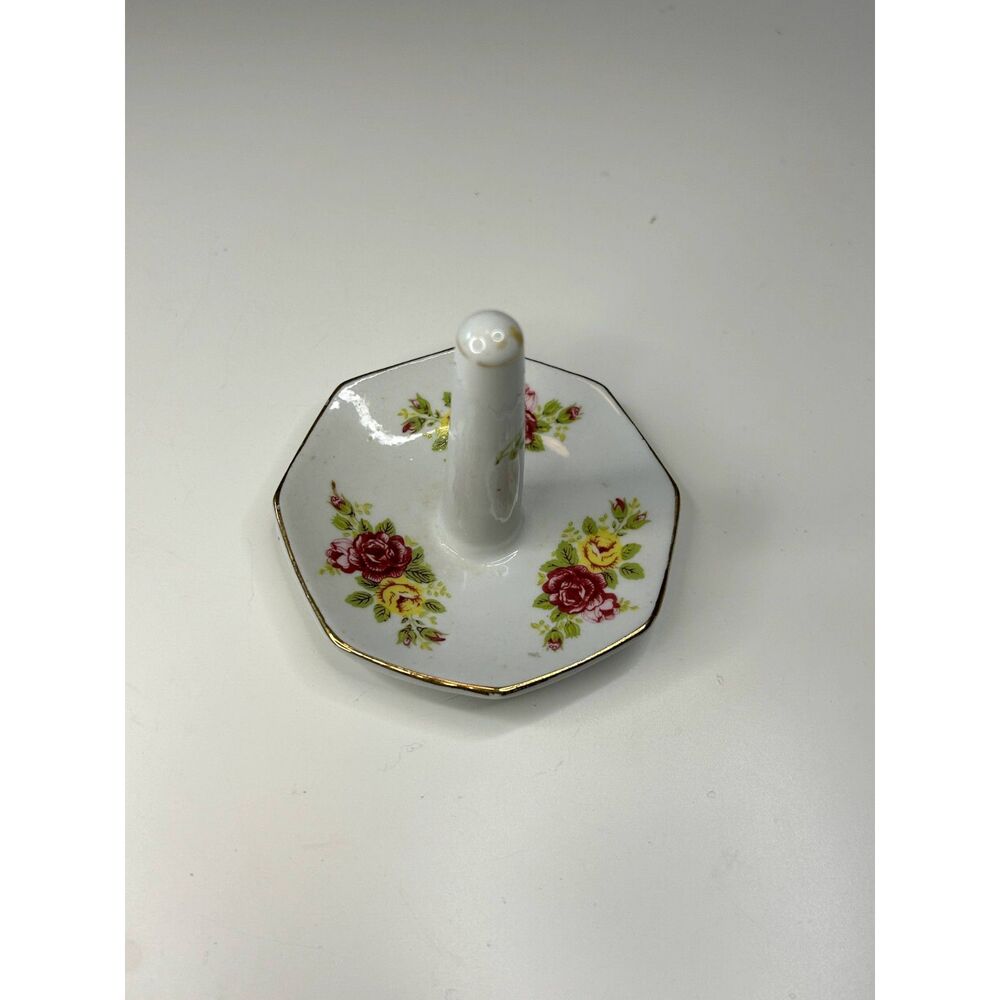 Vintage Porcelain Floral Ring Holder Rosess Gold China